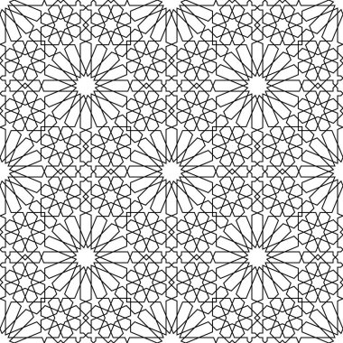 Geleneksel Arap sanatına dayanan kusursuz geometrik süs. Siyah çizgiler ve beyaz arkaplan. Kumaş, tekstil, kapak, ambalaj kağıdı, arka plan kalınlığı çizgileri için harika tasarım..