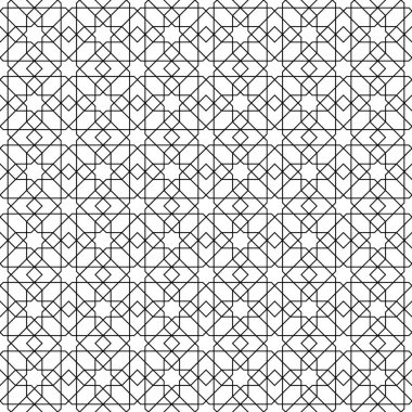 Geleneksel Arap sanatına dayalı kusursuz geometrik süs. Siyah çizgiler ve beyaz arkaplan. Kumaş, tekstil, kapak, ambalaj kağıdı, arka plan için harika tasarım..