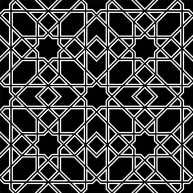 Geleneksel Arap sanatına dayalı kusursuz geometrik süsleme. Siyah çizgiler ve beyaz arkaplan. Kumaş, tekstil, kapak, ambalaj kağıdı, arka plan için harika tasarım..