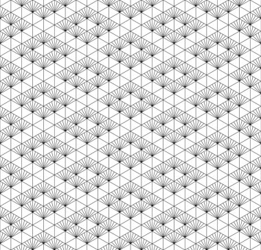 Japon süsü Kumiko 'nun siyah beyaz siluetine dayanan kusursuz desen. İnce çizgiler..