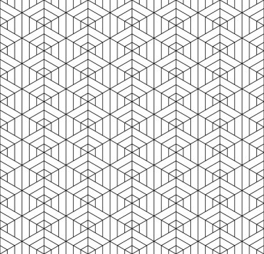 Japon Kumiko süs esinlenerek dikişsiz geometrik desen. Ortalama kalınlık çizgileri ile siyah ve beyaz siluet. Altıgen ızgara.