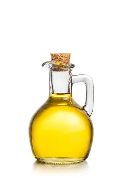 Garrafa recipiente de azeite de oliva no fundo branco — Fotografia de Stock