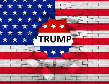 çatlamak duvara delik ve word trump ile kırık grunge Amerikan Usa bayrak,