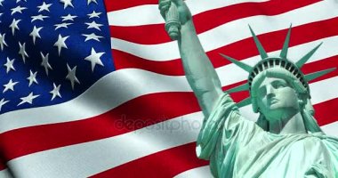 Arka planda bayrak sallayarak ile Amerikan Usa Özgürlük heykeli