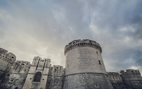 Mystery ruins of medieval old tower of castle under dark scary cloudy sky in Matera Italy — Stock Photo, Image