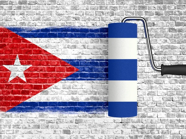 Válec k malování na bílý cihlová zeď s Kubou vlajka, stěna s kapající barvy, reálné textury červenou barvu modrá a bílá kubánské vlajky — Stock fotografie