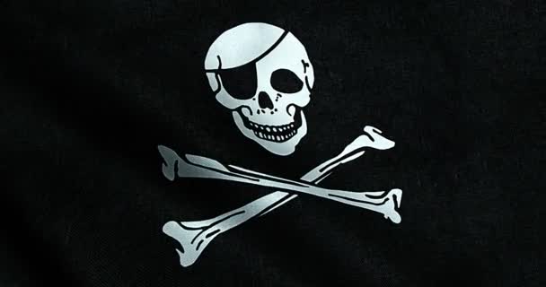 Ondeando textura de la tela de la bandera pirata ondeando en el viento, calico jack pirata símbolo — Vídeo de stock