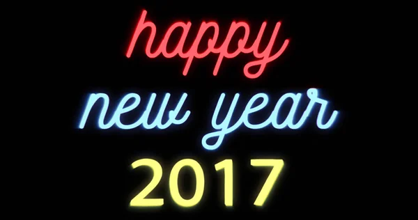 Happy new year 2017, flickering blinking neon sign on black background — Stock Photo, Image
