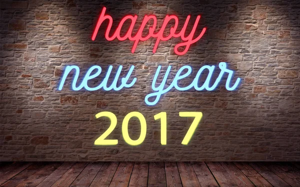 Heureuse année 2017, scintillement scintillant néon signe sur le mur de briques et fond en bois — Photo