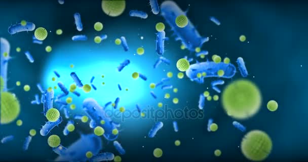 Animatie van bacteriën, virussen, cel stroomt op blauwe achtergrond — Stockvideo