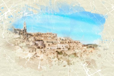 panoramik tipik taşlar (Sassi di Matera) ve kilise Matera mavi gökyüzü altında 