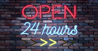 tuğla duvar arka plan üzerinde kırmızı ve mavi neon işareti yanıp yanıp sönüyor, dükkan bar 24 saat oturum açmak 