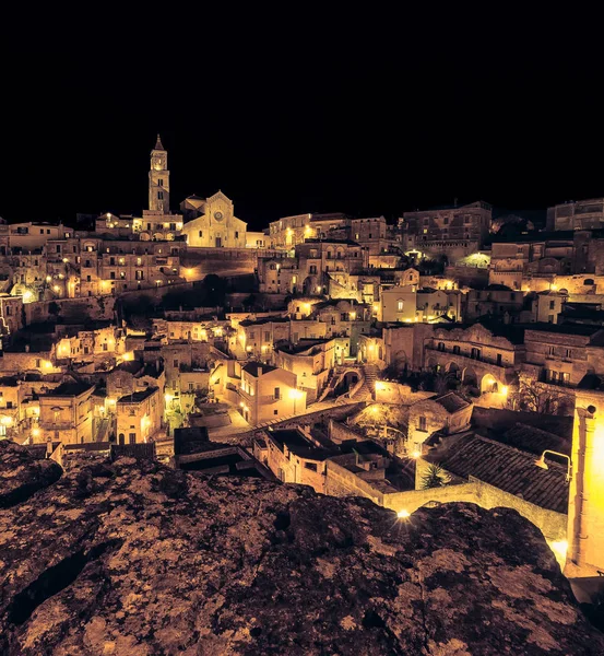 Panoramic view of typical stones (Sassi di Matera) and church of Matera UNESCO European Capital of Culture 2019 — Stock Photo, Image
