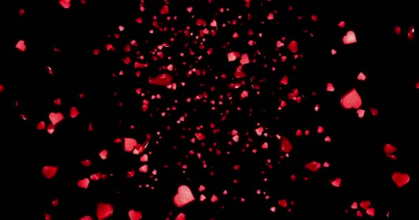 Rojo corazones coloridos rosa volando animación sobre fondo negro — Vídeo de stock