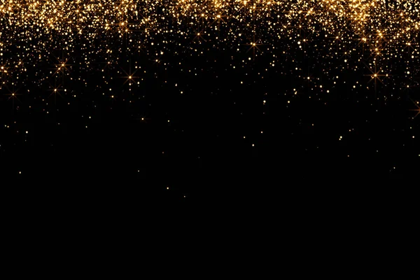 Altın parıltılı şelaleler köpürüyor şampanya partikülleri siyah arka planda yıldızlar, mutlu yeni yıl tatili 
