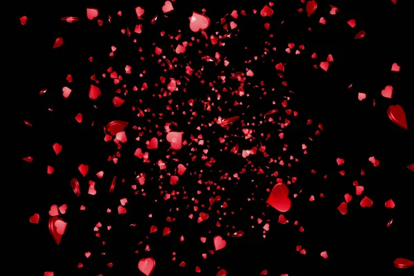 Día de San Valentín corazones rojos se elevan como burbujas de champán frizz movimiento sobre fondo negro con canal alfa mate, festivo día de San Valentín amor — Foto de Stock