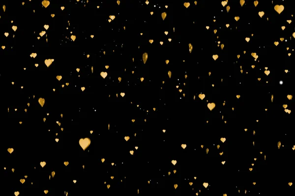Día de San Valentín corazones de oro se elevan como el champán frizz burbujas de oro movimiento sobre fondo negro con canal alfa mate, festivo día de San Valentín amor — Foto de Stock