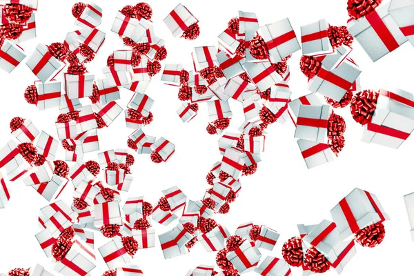 Falling christmas gift boxes with explosion on white background, holiday festive — Stock Photo, Image