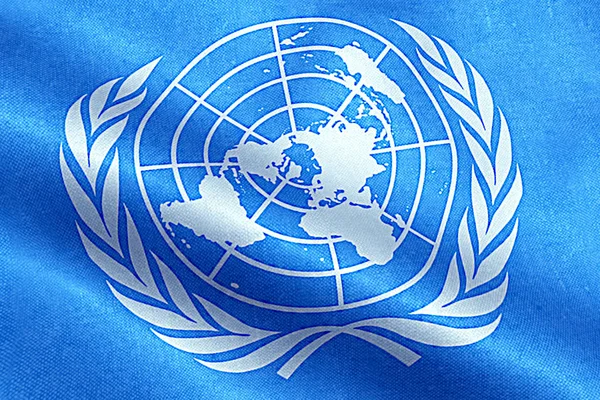 Rome, İtalya - 24 Ekim 2016: BM gün, mavi ve beyaz renk bayrakla kumaş dokusu sallayarak yakın çekim 
