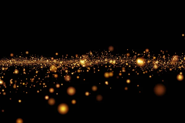 Natal dourado luz brilhar partículas bokeh no fundo preto, feriado — Fotografia de Stock