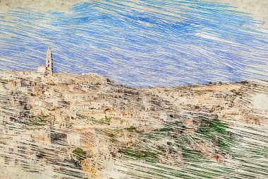 panoramik tipik taşlar (Sassi di Matera) ve kilise Matera mavi gökyüzü altında