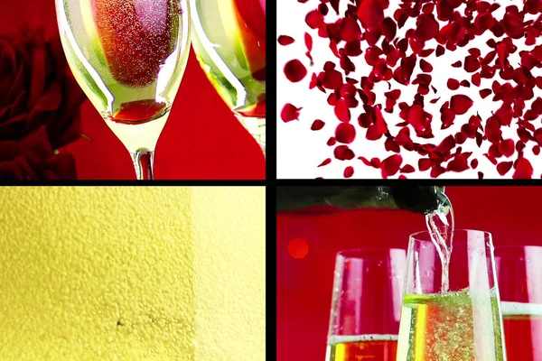 Scena multischermo con versare, bere e champagne primo piano nei flauti con bolle con petali rossi rose che volano su sfondo rosso bokeh, amore e giorno di San Valentino — Foto Stock