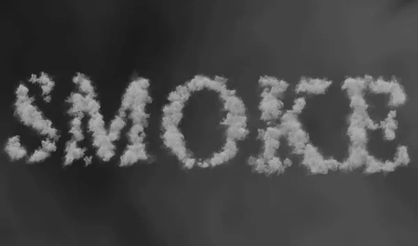 Palabra de humo hecha por vapor de humo flotante a través del espacio sobre fondo gris borroso —  Fotos de Stock