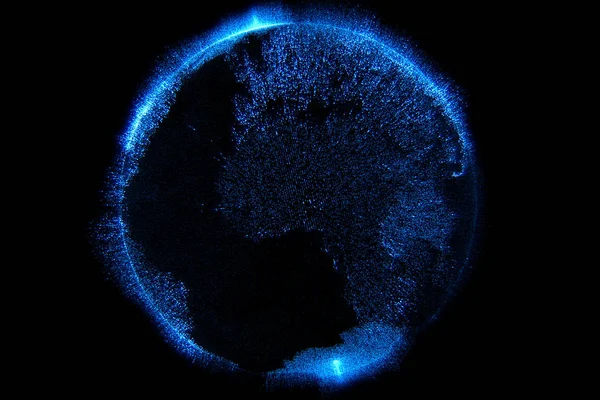 Ilustração 3d de partículas azuis brilho cintilante com forma de planeta virtual detalhado globo mundial sobre fundo preto , — Fotografia de Stock