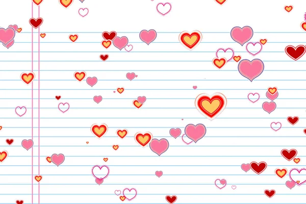 Valentine day colorful draw hearts shape on white paper school with rows background, holiday festive valentine day love — Stock Photo, Image