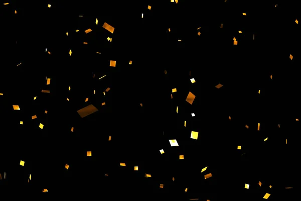 Falling golden metallic glitter foil confetti on black background, gold holiday and festive fun — Stock Photo, Image