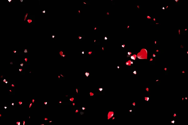 Dia dos namorados vermelho corações forma fluindo no fundo preto, feriado festivo dia dos namorados amor — Fotografia de Stock