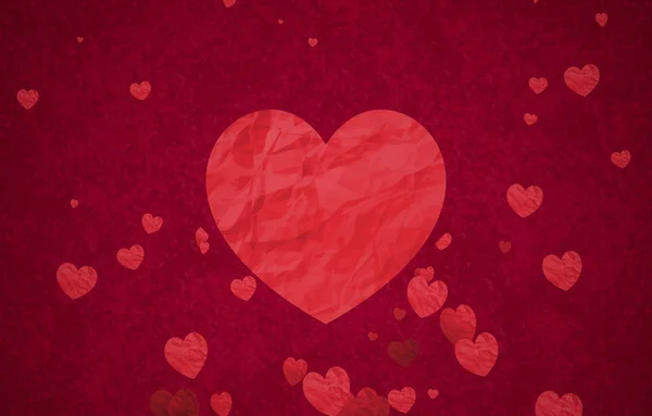Corazones de bokeh rojo forma de papel arrugado que fluye con gran corazón en el centro sobre fondo rojo con partículas brillo brillo, día de San Valentín evento de vacaciones de amor —  Fotos de Stock