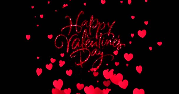 Brillo rojo brillo feliz día de San Valentín palabra forma con rojo se calienta aumento de la forma que fluye sobre fondo negro con el canal alfa mate, fiesta festiva día de San Valentín evento amor — Vídeo de stock