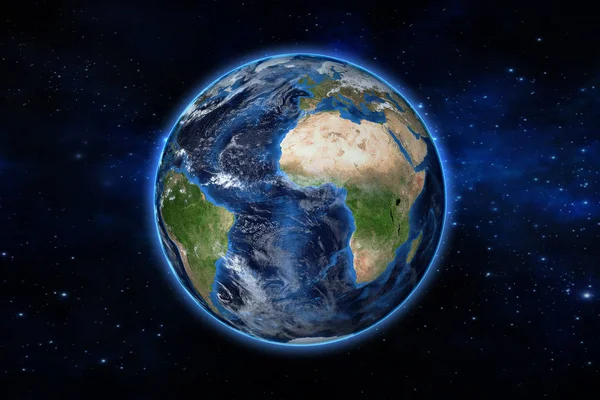 Blue planet earth from space showing America and Africa, USA, globe world with blue glow edge on space in a star field — Stock Photo, Image