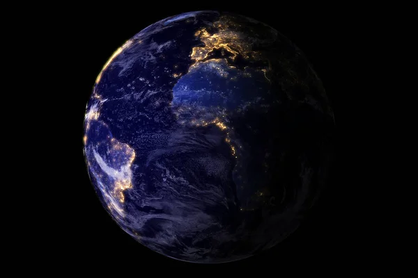 Блакитний планети Земля з космосу, показуючи Америки і Африки на ніч з sparkle блиск Місто вогнів, США, глобус світу ізольовані на чорному — стокове фото