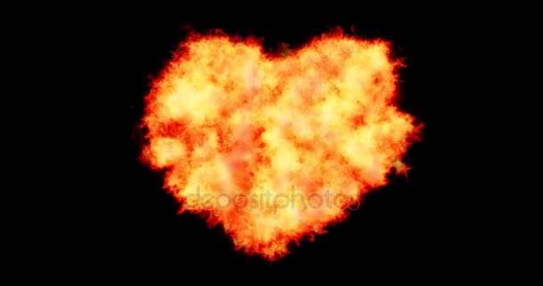 Corazón lleno de llamas ardientes sobre fondo negro con partículas de fuego, día de San Valentín festivo y amor — Vídeo de stock