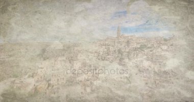 suluboya sıçrama sıçrama ile boyalı panoramik tipik taşlar (Sassi di Matera) ve kilise Matera mavi gökyüzü altında 