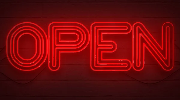 Flickering blinking red neon sign on brick wall background, open shop bar sign — Stock Photo, Image