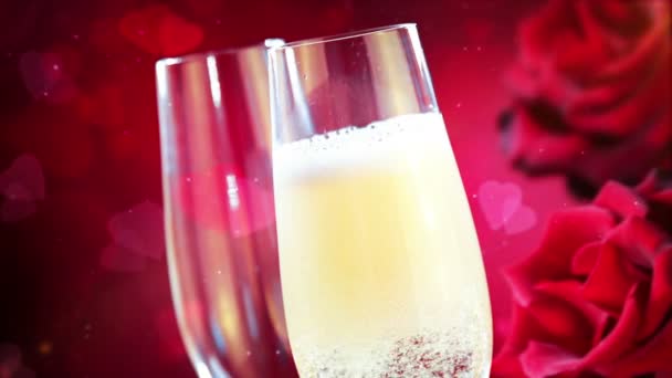 Pouring champagne into flutes with gold bubbles with abstract glitter sparkle particles flowing and red hearts shape background, warm light effect movement, valentine day and love festive holiday — Stock Video