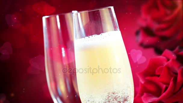 Champagner in Flöten mit Goldblasen gießen, abstrakte Glitzerpartikel fließen und rote Herzen den Hintergrund formen, Bewegung mit warmem Lichteffekt, Valentinstag und Fest der Liebe 