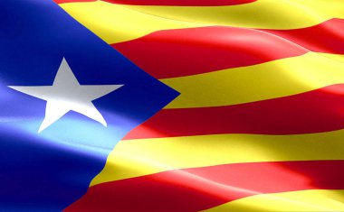 catalonia sarı ve kırmızı şeritler yıldız sallayarak doku kumaş arka plan ile ulusal Katalan sembol oy için İspanya'dan bağımsızlığını bölücülük bayrağı 