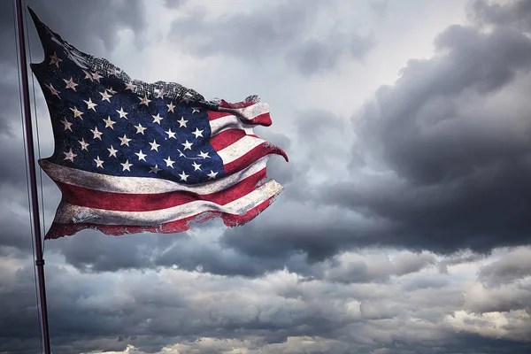 Ripped tear grunge old american USA flag, stars and stripes at cloudy sky, dark mystery style — Stock Photo, Image