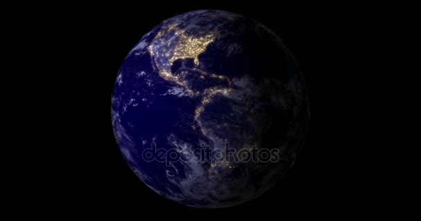 Blauer Planet Erde aus dem All zeigt Amerika und Afrika bei Nacht mit funkelnden glitzernden Stadtlichtern, USA, Globus Welt isoliert auf schwarz — Stockvideo