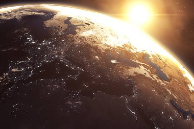 alanı gösteren Avrupa kıta, Dünya Dünya Gezegeni'ndenim Mavi parlaklık edge ile mavi ve üstünde yer yıldız alanı, Nasa tarafından döşenmiş bu görüntü bazı unsurları içinde ışık gündoğumu güneş