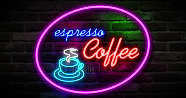 Flikkeren knipperende rode en blauwe neon espresso koffie afbeelding symbool teken op bakstenen muur achtergrond, open espresso koffie bar ontspannen — Stockvideo