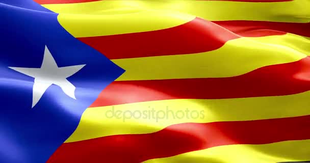 Vlag van Catalonië gele en rode strook met ster wuivende textuur stof achtergrond, nationaal symbool van de Catalaanse stem voor separatisme onafhankelijkheid van Spanje — Stockvideo