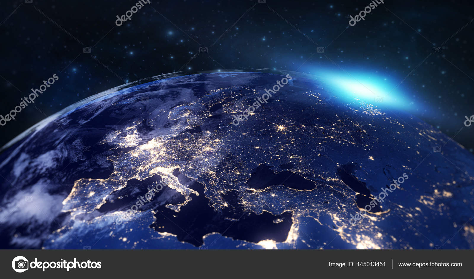 Pianeta blu terra dallo spazio che mostra continente europeo di notte,  mondo globo con bordo blu bagliore e sole alba, alcuni elementi di questa  immagine fornita dalla NASA - Foto Stock: Foto,