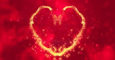 soyut altın pırıltılı glitter parçacıklar kalp şekli kırmızı bulanıklık bokeh arka planda, Sevgililer günü aşk tatil etkinliği 