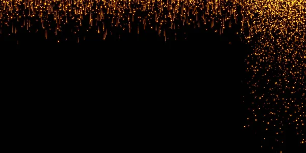 Cascades de paillettes dorées bulles scintillantes particules de champagne étoiles sur fond noir, joyeuses vacances de nouvelle année — Photo