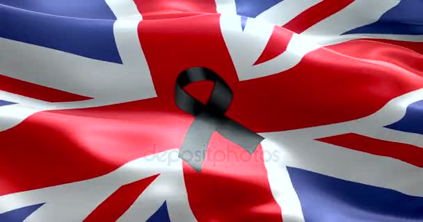 Pray for uk, waving United Kingdom country animation flag color background with black ribbon, victims in great britain england — стоковое видео